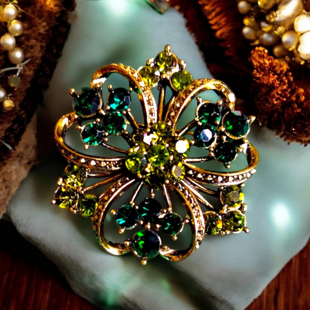 Shades of Green Floral Rhinestone Brooch